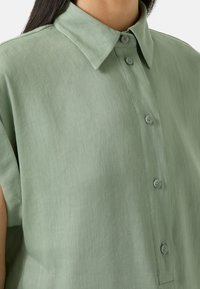 Una donna che indossa una camicia a maniche corte, larga, di colore verde chiaro con colletto a punta, vista dalle spalle fino a metà petto.