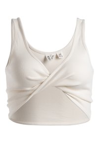 Ribbed, slonobiely crop top s prekríženým dizajnom vpredu, má hrubé ramienka a priliehavý strih pre tesné nosenie. Viditeľné etikety vnútri.