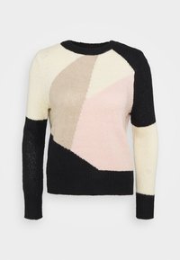 Strickpullover mit geometrischem Farbblockdesign in Schwarz, Creme, Beige und Rosé. Rundhalsausschnitt und lange Ärmel. Weiche Textur.