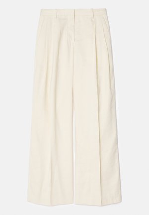 Wide-leg trousers in a soft, light cream fabric. Features front pleats, belt loops, and a smooth texture. Tailored design with a clean finish.