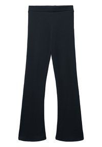 Czarne spodnie o wysokim stanie z szerokimi nogawkami i elastycznym paskiem, bez widocznych detali ani zapięć, ułożone na białym tle.