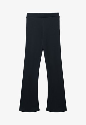 Pantaloni neri a vita alta con gamba larga a zampa d'elefante e vita elasticizzata, senza dettagli visibili o chiusure, distesi su uno sfondo bianco.