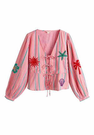 Pink long-sleeve blouse with vertical green and yellow stripes, lace-up front, and embroidered red sun, green starfish, palm tree, flower, and purple seashell.