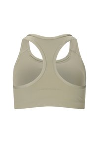 Brassière de sport beige à dos nageur avec design sans coutures et logo "Endurance" au centre de l'ourlet arrière.