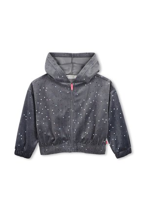 Veste grise à capuche avec fermeture éclair devant, poignets et taille élastiques, décorée de petits pois colorés sur toute la surface.