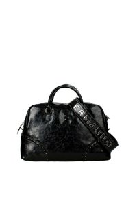 Borsa a tracolla in pelle nera con finitura testurizzata, dotata di manico superiore e di una tracolla removibile. Decorata con dettagli in borchie e un logo.