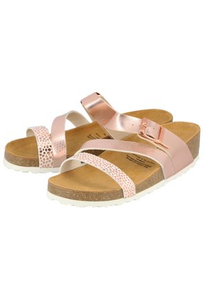 Rose gold sandals with two wide straps, one textured and one metallic. Cork footbed, white rubber sole, adjustable buckle detail.