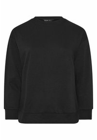 Sort sweatshirt med rund hals og lange ærmer, ribstrikkede ærmekanter og kant forneden, vist på en hvid baggrund.