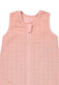 Light pink sleeveless dress featuring a simple round neckline, a front button closure, and a textured woven fabric with a grid pattern.