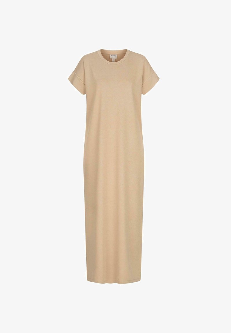 Beżowa bawełniana sukienka, okrągły dekolt, krótkie, podwinięte rękawy, luźny krój, długość do kostek, gładka tekstura, prosty design bez ozdób.