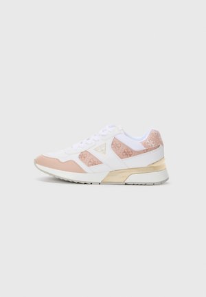 White sneaker with pink accents, featuring a textured pattern, gold accents on the heel, and a white lacing system.