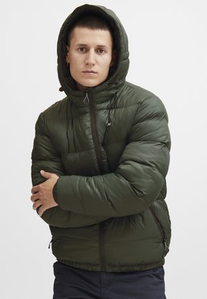 Green puffer jacket with a hood, featuring a zip front, elastic cuffs, and side pockets. Smooth, glossy fabric with quilted pattern.