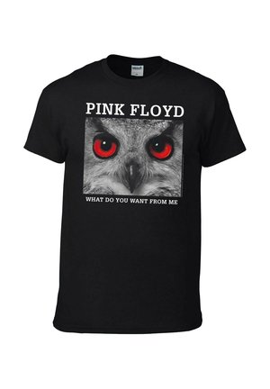 Zwarte katoenen t-shirt met een afbeelding van een uil met rode ogen, omringd door de tekst "PINK FLOYD" erboven en "WAT WIL JE VAN ME" eronder.