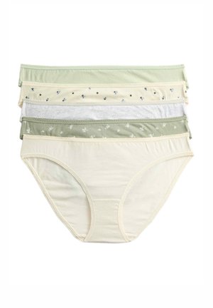 Fünf Paare Damen-Baumwollslips in sanften Farben: Mintgrün, Creme, Grau, Hellgrün und Weiß, mit Blumenmustern und Spitzenakzenten.