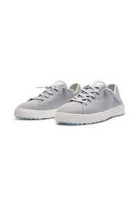 Gray mesh sneakers with white soles, round toe, flat laces, and a smooth texture. Features a light blue accent on the sole.