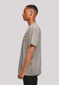 Gray cotton T-shirt with a relaxed fit, featuring a horizontal rainbow stripe on the chest. Short sleeves and a crew neckline.
