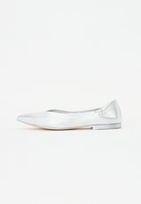 Chaussure plate argentée avec un bout pointu, finition métallique lisse et un faible talon plat. Présente des accents latéraux doux au niveau du talon pour un maintien confortable.