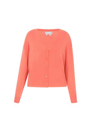 Coral V-neck cardigan with long sleeves, featuring a button closure and soft texture. Finished with a straight hem and ribbed cuffs.