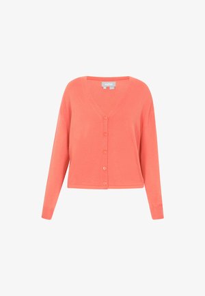 Coral V-neck cardigan with long sleeves, featuring a button closure and soft texture. Finished with a straight hem and ribbed cuffs.