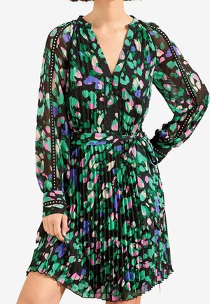 Jurkje met lange mouwen en geplooid model, voorzien van een abstracte bloemenprint in groen, paars, roze en beige, met gerimpelde manchetten en een ceintuur om de taille.