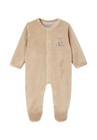 Beige Baby-Overall mit Fuß, Druckknöpfen an Vorder- und Beinteilen sowie einem kleinen Eichhörnchen-Design mit Text auf der Brust.