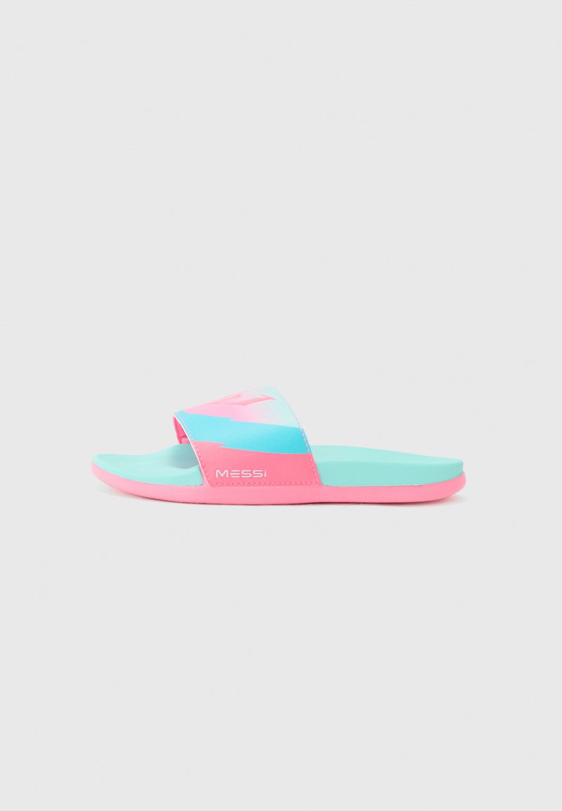 Slide sandal featuring a pink and light blue color scheme, made of synthetic material, with a flat sole and a wide strap displaying the "MESSi" logo.