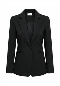 Blazer noir sur mesure pour femme avec fermeture à un bouton, revers crantés et deux poches à l'ourlet devant, présenté sur un fond blanc.