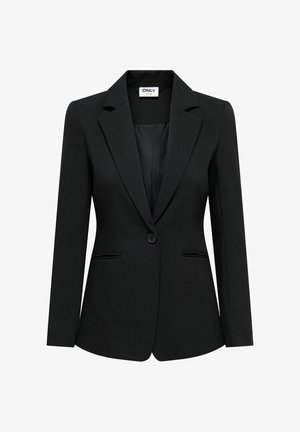 Blazer noir sur mesure pour femme avec fermeture à un bouton, revers crantés et deux poches à l'ourlet devant, présenté sur un fond blanc.