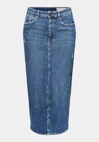 Džínová tužková sukně, středně modrý vintage vzhled, délka po kolena, design s pěti kapsami, zapínání na knoflík, mírné vyblednutí a kontrastní švy.