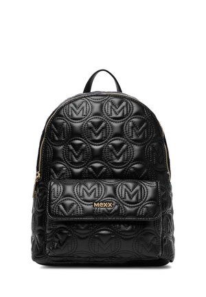 Schwarzer Leder-Rucksack mit gesteppter, runder M-Musterung, Fronttasche mit goldenem Mexx-Logo und goldfarbenen Reißverschlussdetails.