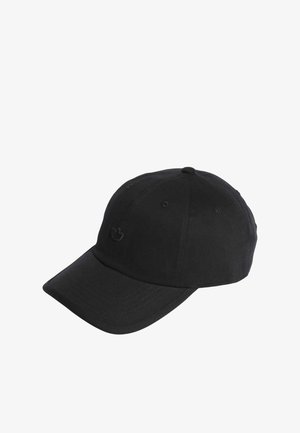 Black cotton baseball cap with a curved brim, six ventilation holes, and a subtle embroidered logo on the front. Textured fabric surface.