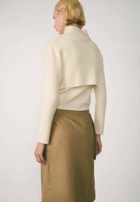 Pull en maille côtelée crème avec une coupe courte, associé à une jupe marron clair dotée d'une fermeture éclair latérale et d'une texture lisse. Vue de dos.