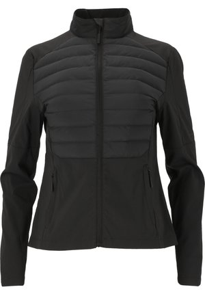 Schwarze Jacke mit gepolsterter Vorderseite, langen Ärmeln, hohem Kragen, zwei Seitentaschen und einem Reißverschluss über die gesamte Länge. Glatte Textur und figurbetontes Design.