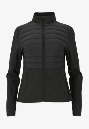 Zwarte jas met een gevoerde voorkant, lange mouwen, hoge kraag, twee zijzakken en een volle rits. Glad textuur en aansluitend ontwerp.