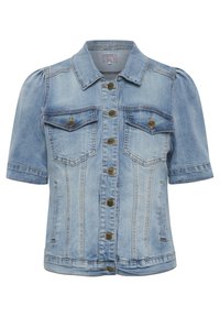 Světle modrá denímová bunda s krátkými rukávy, dvěma náprsními kapsami a předním zapínáním na knoflíky. Obsahuje zlaté knoflíky a mírně přiléhavý střih.