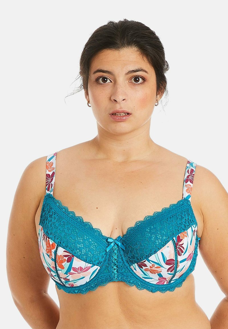 Soutien-gorge en dentelle bleu canard avec des bonnets à imprimé floral. Comprend des bords festonnés, des bretelles ajustables et un détail de nœud central pour un design supplémentaire.