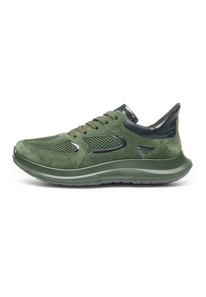 Green suede and mesh athletic shoe with black accents, thick sole, and lace-up closure, shown in side profile on white background.
