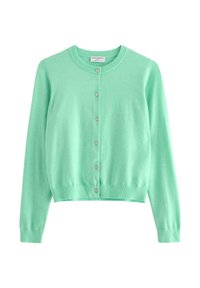 Mintgrön, lätt cardigan tillverkad av mjukt material. Har rundhals, helärmade ärmar och knappstängning framtill.