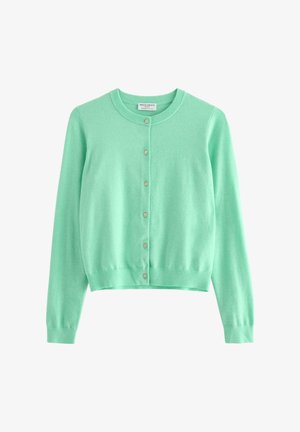 Vihreä mintunvärinen, kevyt neuletakki, joka on valmistettu pehmeästä materiaalista. Ominaisuuksiin kuuluu pyöreä pääntie, pitkähihaisuus ja nappisuljenta edessä.