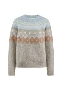 Vaaleansininen, harmaa ja ruskea kuvioitu neuletakki pyöreällä kauluksella, jossa on lämmin neulepinta ja geometriset kuviot rintakehällä.