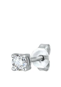Silberne Steckerohrringe mit einem runden, klaren Edelstein in einem vierklammerigen Design, mit einer polierten Oberfläche und einem sicheren Schmetterlingsverschluss.