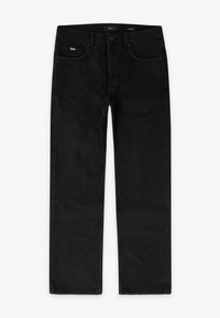 Jeans di denim neri con taglio dritto, dotati di un classico design a cinque tasche, chiusura a bottone e una superficie leggermente testurizzata.