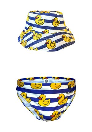Blauer und weiß gestreifter Badeanzug für Kinder mit passendem Eimerhut, beide mit gelbem Gummiente-Muster.