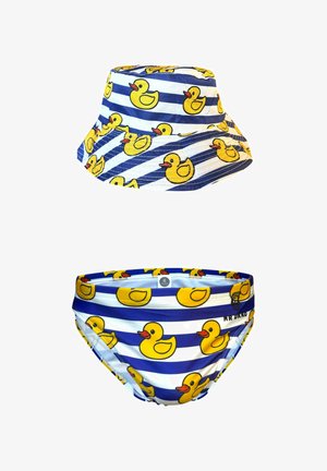 Blauer und weiß gestreifter Badeanzug für Kinder mit passendem Eimerhut, beide mit gelbem Gummiente-Muster.
