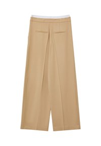 Beige weitgeschnittene Hose mit flachem Taillenbund und zwei Gesäßtaschen. Weicher Stoff mit glatter Textur und plissiertem Vorderdesign.