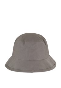 Gray bucket hat made of textured fabric, featuring a round crown and wide, downward-sloping brim with stitched detailing on the edge.
