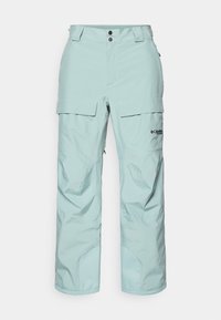 Pantaloni de zăpadă impermeabili, de culoare albastru deschis, cu un design cu picioare late, talie ajustabilă, buzunare frontale și zone de genunchi întărite pentru durabilitate.
