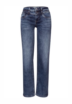 Džíny z tmavě modrého denimu s širokými nohavicemi, dvouknoflíkovým pasem, předními kapsami a kontrastním šitím.