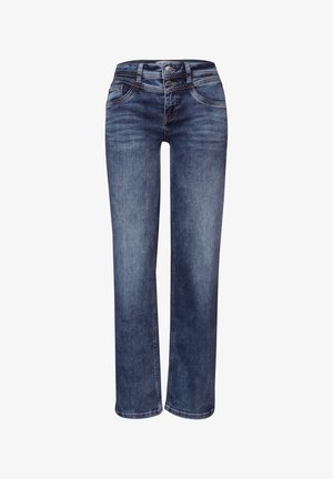 Jean en denim de couleur bleu foncé, avec une coupe jambes larges, une taille à deux boutons, des poches avant et des détails de couture contrastants.