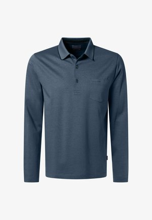 Navyblaues Langarm-Polohemd aus weichem Stoff. Verfügt über einen klassischen Kragen, drei Knöpfe und eine Brusttasche auf der Vorderseite. Glatte Textur.